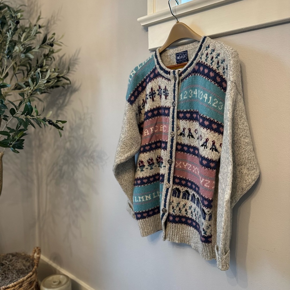 VTG Woolrich Wool Blend Fair Isle Pastel Teacher Alphabet Number Cardigan